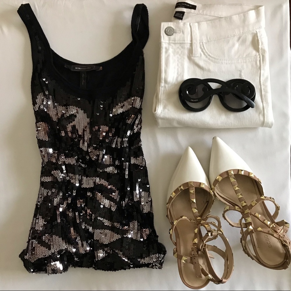 BCBG Sequin Black Combo Cotton Sleeveless Top